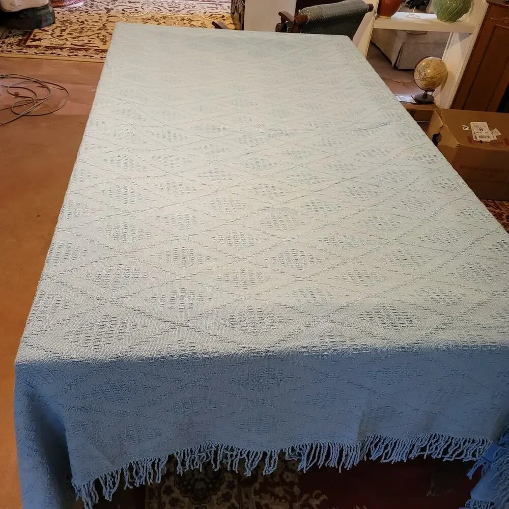 Vintage Diamond pattern blue fringe Queen/King Coverlet Bedspread Lightweight